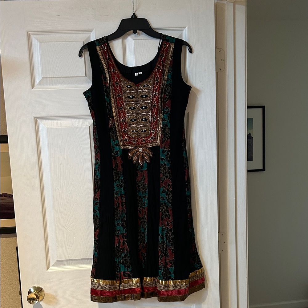 Sleeveless Black Midi Dress with Teal and Red Embroidered Front Panel